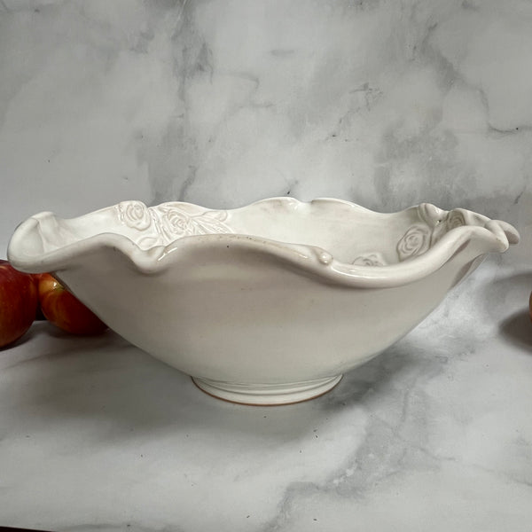 BBR White Ceramic Bowl with Roses - Large Bowl