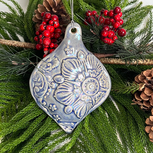O3 Ceramic Medallion Bulb Design - Blue Pearlescent Ornament FREE U.S. SHIPPING on Orders over $200.00