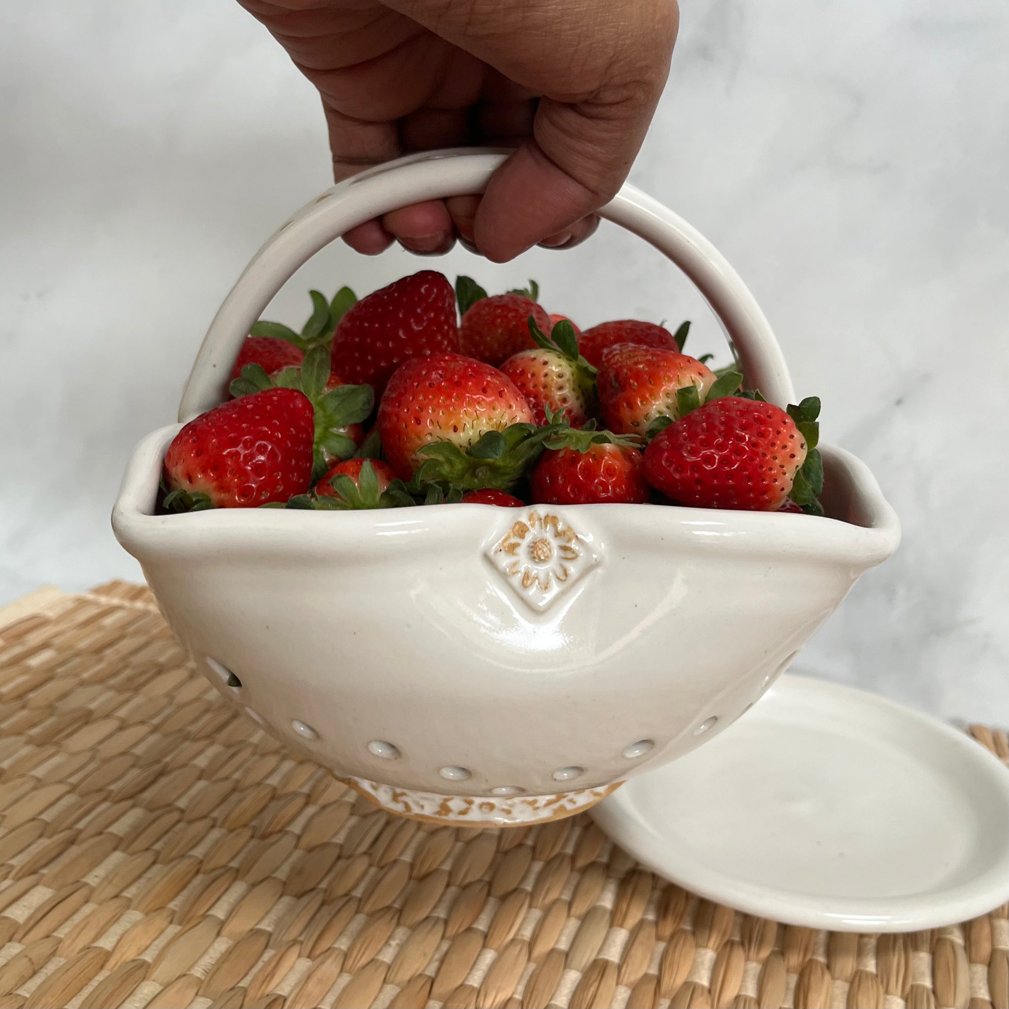 BBB2 White Berry Basket Bowl with Floral Accents - Square Shape