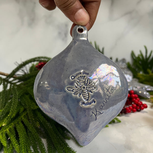 O3 Ceramic Medallion Bulb Design - Blue Pearlescent Ornament FREE U.S. SHIPPING on Orders over $200.00