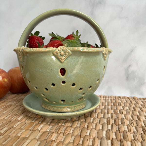 BBB1 Green Berry Basket Bowl with Floral Accents