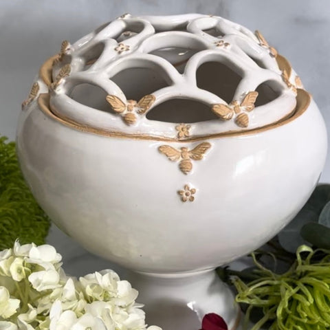 FBV2 Ceramic Vase with Flower Brick - White Bee Design