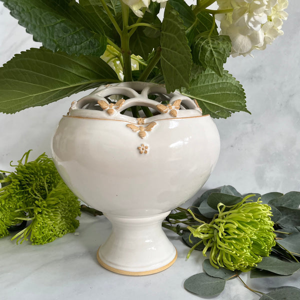 FBV2 Ceramic Vase with Flower Brick - White Bee Design